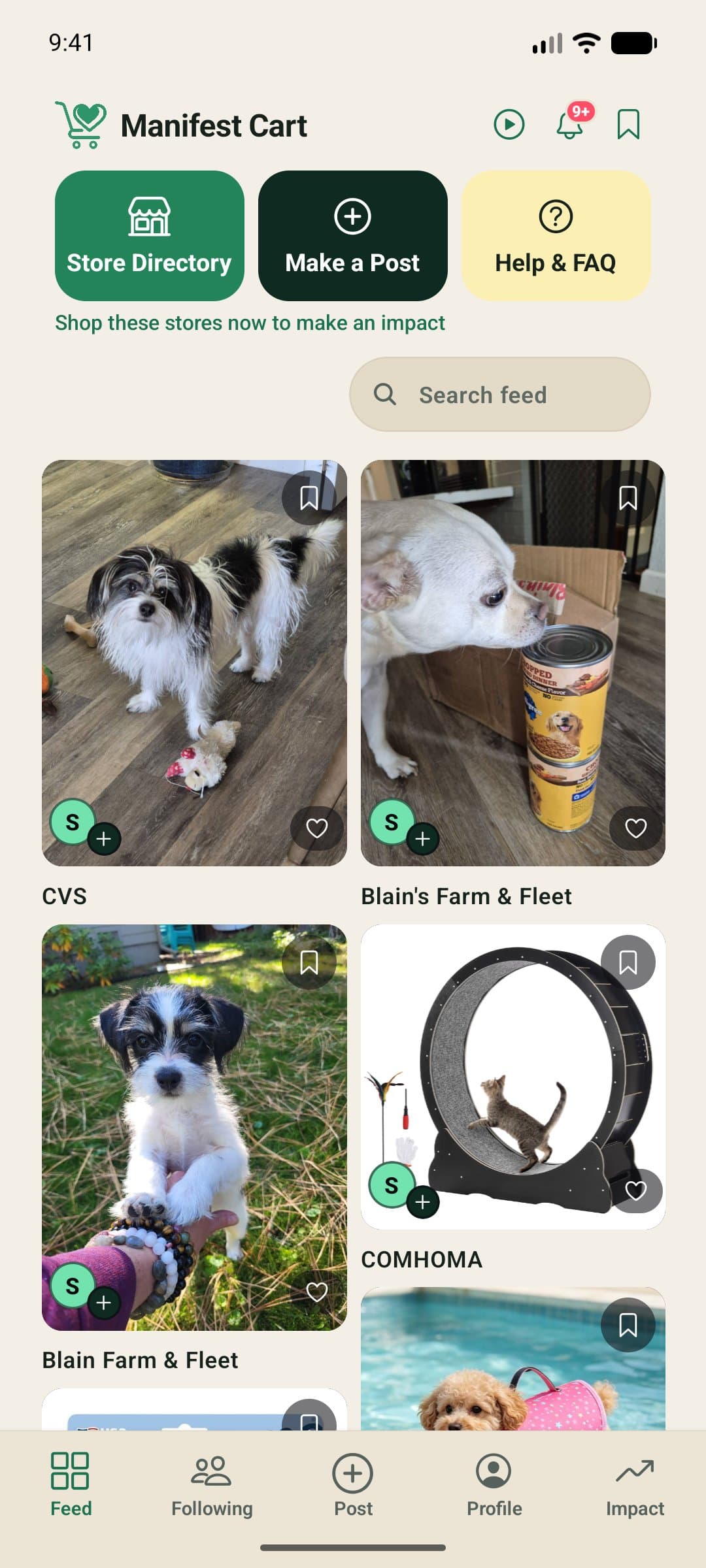 The Manifest Cart app: a feed of shoppable pet photos, with the Impact tab showing a member's cash behind it.